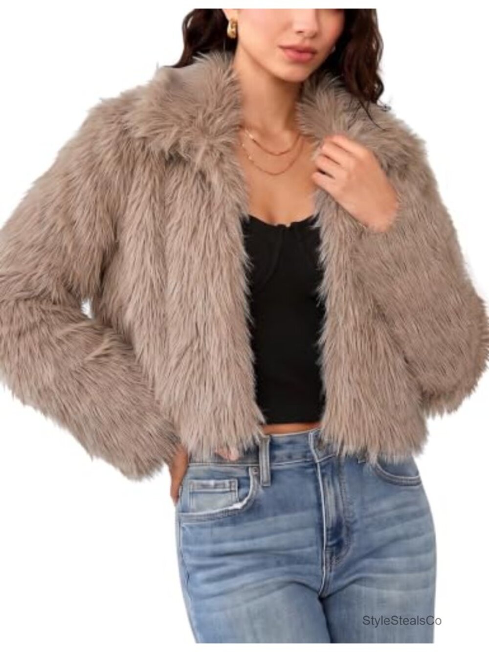 Faux Fur Shaggy Crop Coat for Women Long Sleeve Fall Winter Outerwear